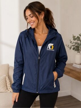 Soccer Team Hooded Windbreaker Jacket Navy Blue Lightweight Rain Jacket Large